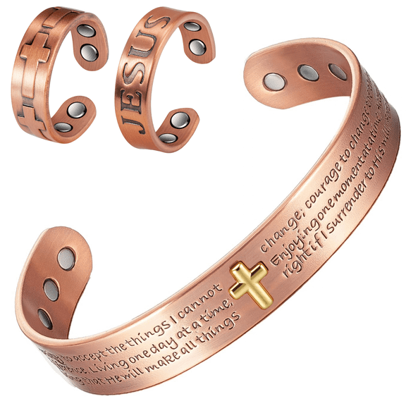 Wollet Cross Copper Magnetic Cuff Bangle & Ring, Copper Jewelry Gift for Women Mom Wife, Set of 3