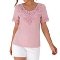 thumbnail image 5 of SSZMDLB Women V Neck Short Sleeve T-Shirts Eyelet Lace Top Curved Hem Solid Casual Summer Tees Elegant Vacation Outfits Workout Clothes, Pink 2XL, 5 of 5
