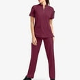 thumbnail image 3 of Brnmxoke Scrubs for Women Set - Stretch V-Neck Scrub Top & Jogger Pant with 8 Pockets Solid Color Short Sleeve Comfort Soft Nursing Uniform Wine,M, 3 of 7