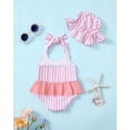 thumbnail image 5 of KIMI BEAR Newborn Baby Girls One-piece Swimsuits 6-12 Months Summer Bathing Suits Off the Shoulder Sleeveless Halter Bow Striped Beach Wear Holiday Rash Guard with Headband 2pcs Pink, 5 of 10