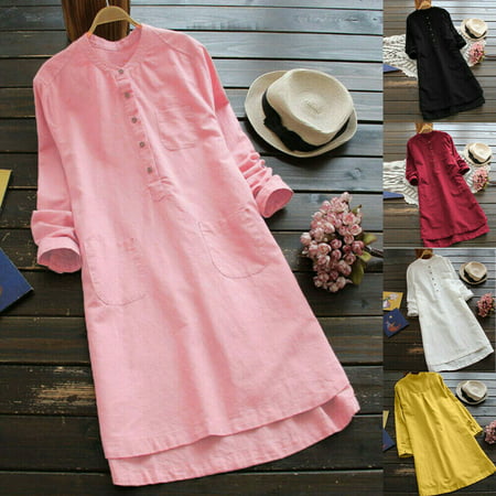 Womens Cotton Linen Maxi Dress Long Sleeve Casual Boho Kaftan Tunic Gypsy