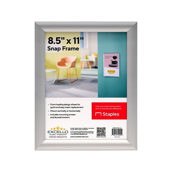 Staples Snap Frame Poster Holder 8.5" x 11" Wall Mounted Silver Aluminum (EGP-SF-8511-S)