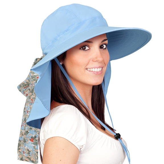 Solaris Women Outdoor Boonie UV Protecting Sun Hats with Neck Flap and Floral Silk Ribbons for Hiking Safari,Fishing Caps,BLUE
