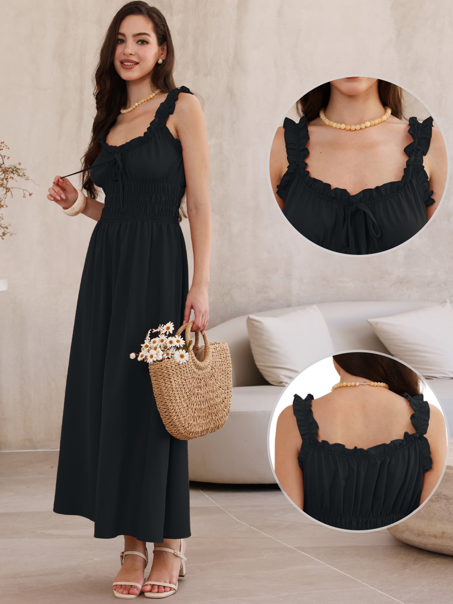 DARING DIVA Women's Spaghetti Strap Square Neck A Line Flowy Dress S Black