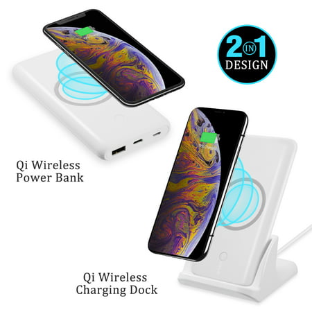 2-in-1 Wireless Charging Dock and Qi Wireless Power bank Portable Battery Pack with USB Charging Port for Samsung Galaxy S9/S8/S8+/S7/S7 Edge/Note 9 8 5,iPhone XS/XR/X/8/8 Plus Qi-Enabled