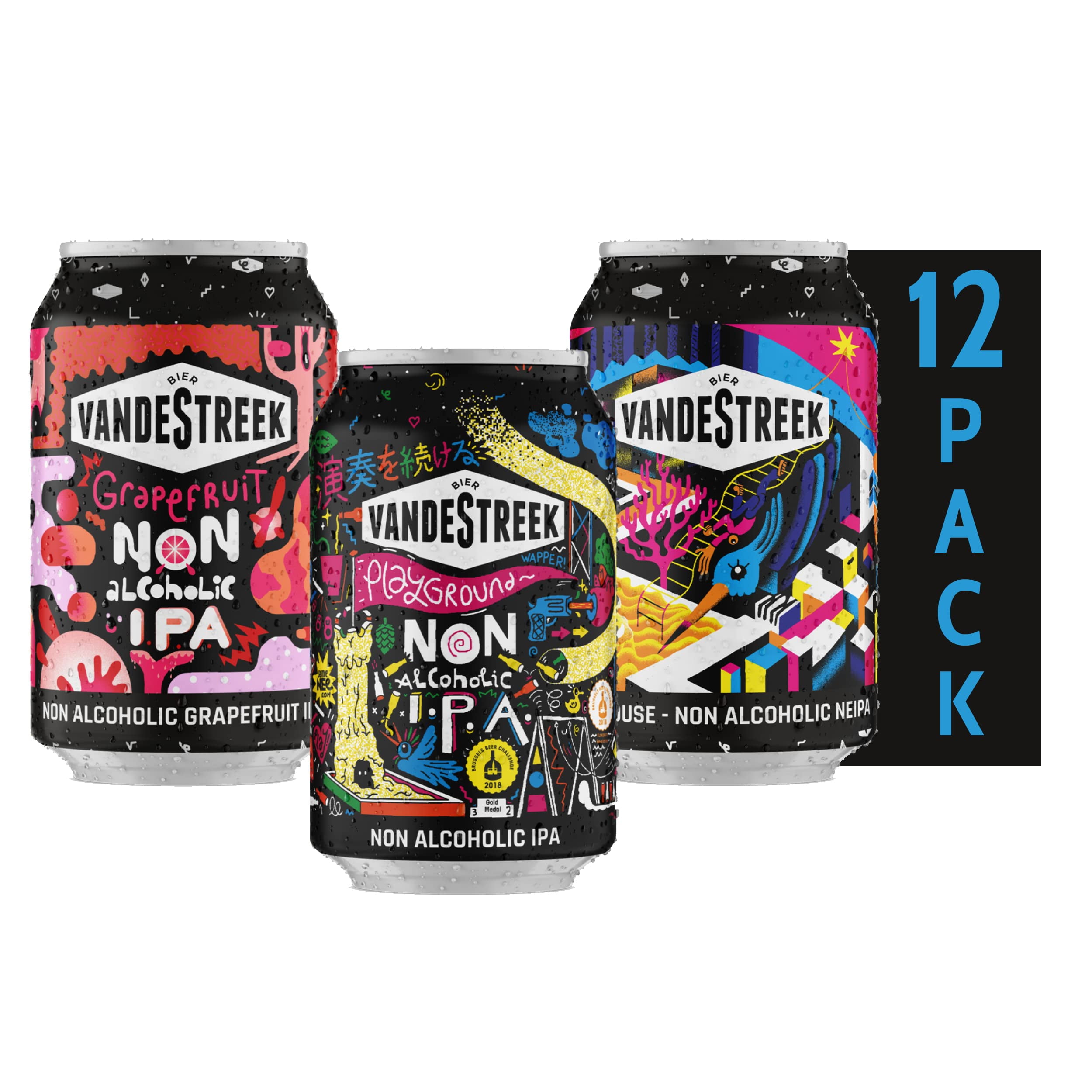 Vandestreek Non Alcoholic Beer IPA Variety Pack, 12Pack, 330mL Fun House NE, Playground