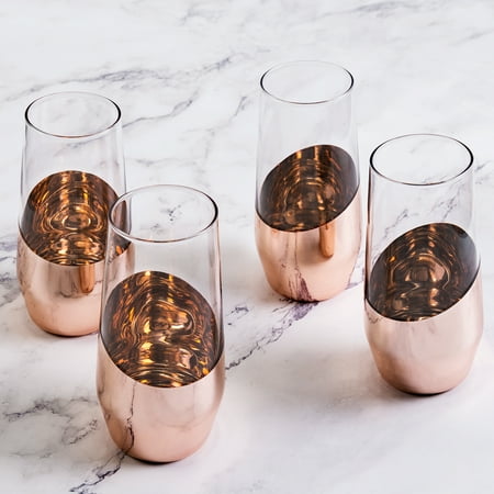 

MyGift 11 oz Modern Copper Stemless Champagne Flute Glasses Set of 4 Rose Gold Clear Glass