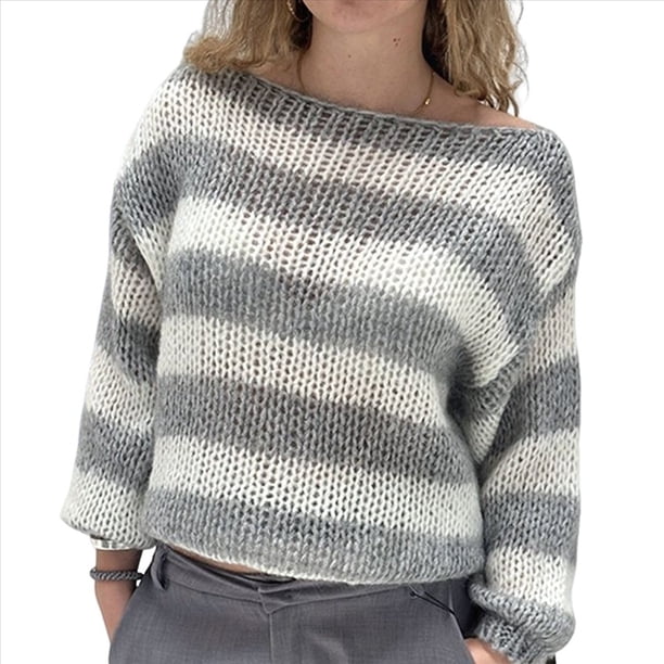 Suéter de Rayas de Gran Tamaño para Mujer, Sudadera de Punto con Bloques de Color, Larga, Suéter Holgado, Jersey Preppy Y2K. Gris M