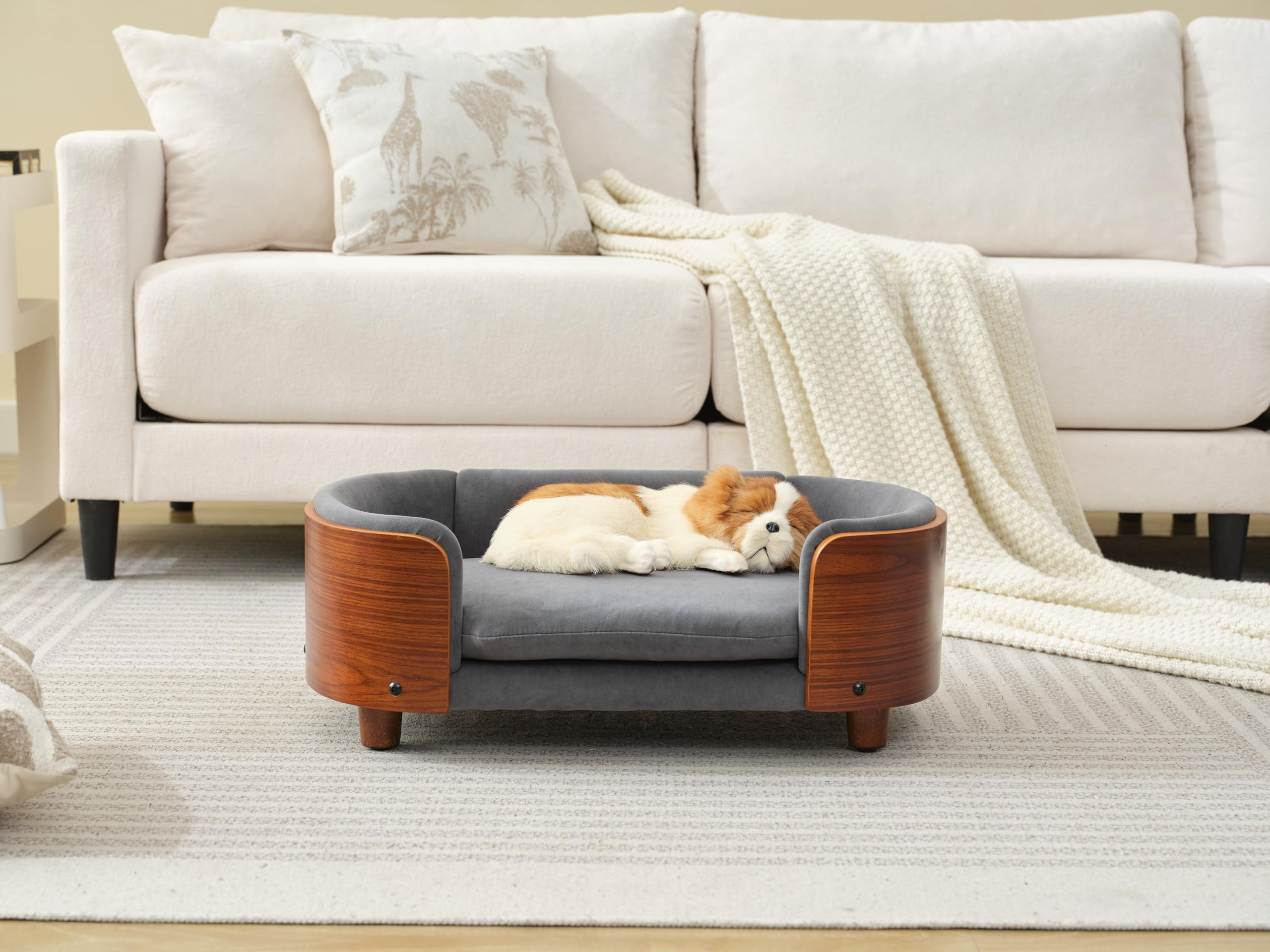 Scandinavian Style Elevated Dog Bed Pet Sofa with Solid Wood Legs and Bent Wood Back, Velvet Cushion, Small Size, Walnut Frame & Dark Grey Cushion
