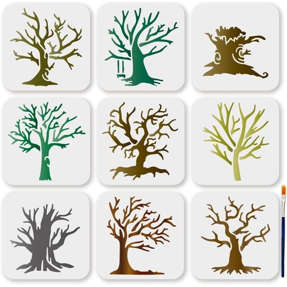9-Piece Tree Stencil Set - 6x6 Reusable Dead Tree Branch Templates with Brush for Wall/Floor Decor Canvas Art Spooky Crafts for DIY