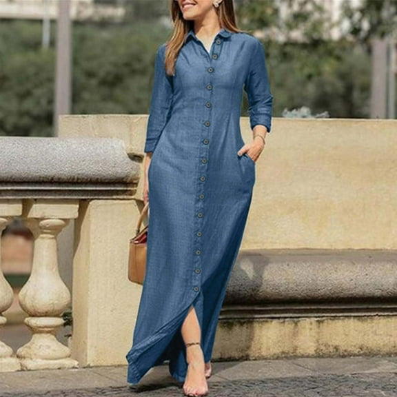 Njoeus Women's Casual Buttons Down Denim Shirt Dress Loose Comfy Long Sleeve Jean Maxi Dresses S-XXL