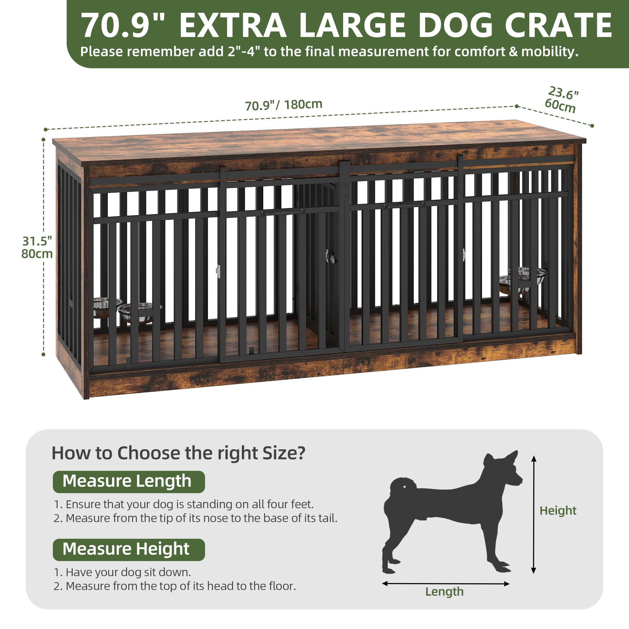 Uforic 71-Inch Heavy Duty Dog Crate Furniture with 4 Dog Bowl,Double Dog Kennel Furniture for Dog Cage Table - Rustic Brown