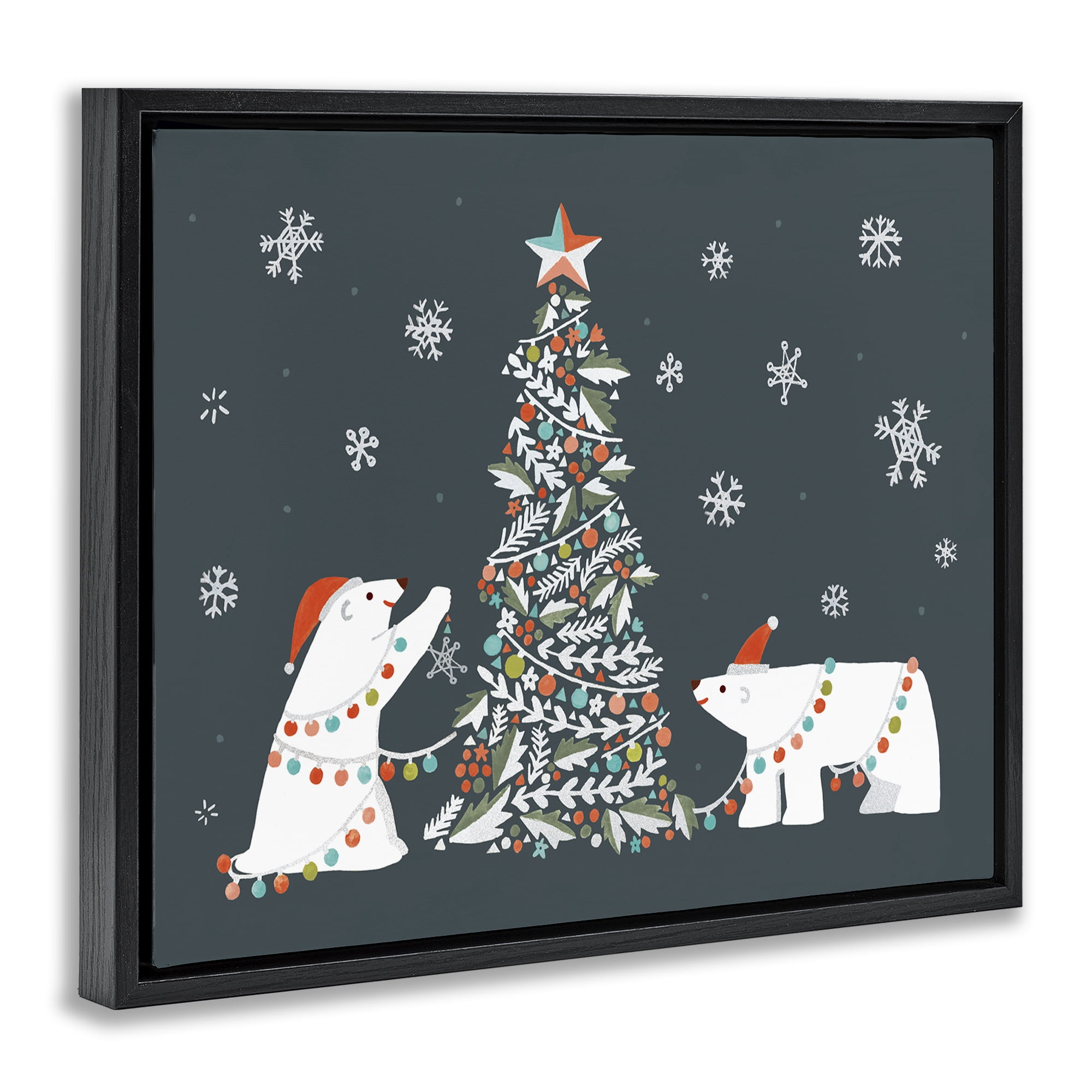 Stupell Industries Polar Bears with Christmas Tree Holiday Painting Black Floater Framed Canvas Art Prints Wall Art, 31 x 25