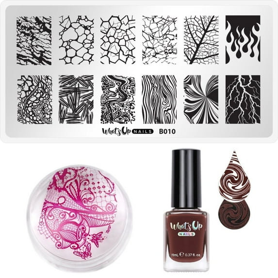Whats Up Nails Stamping Starter Kit (B010 Texture Me Nature, Sundae Topping Polish, Magnified Stamper)