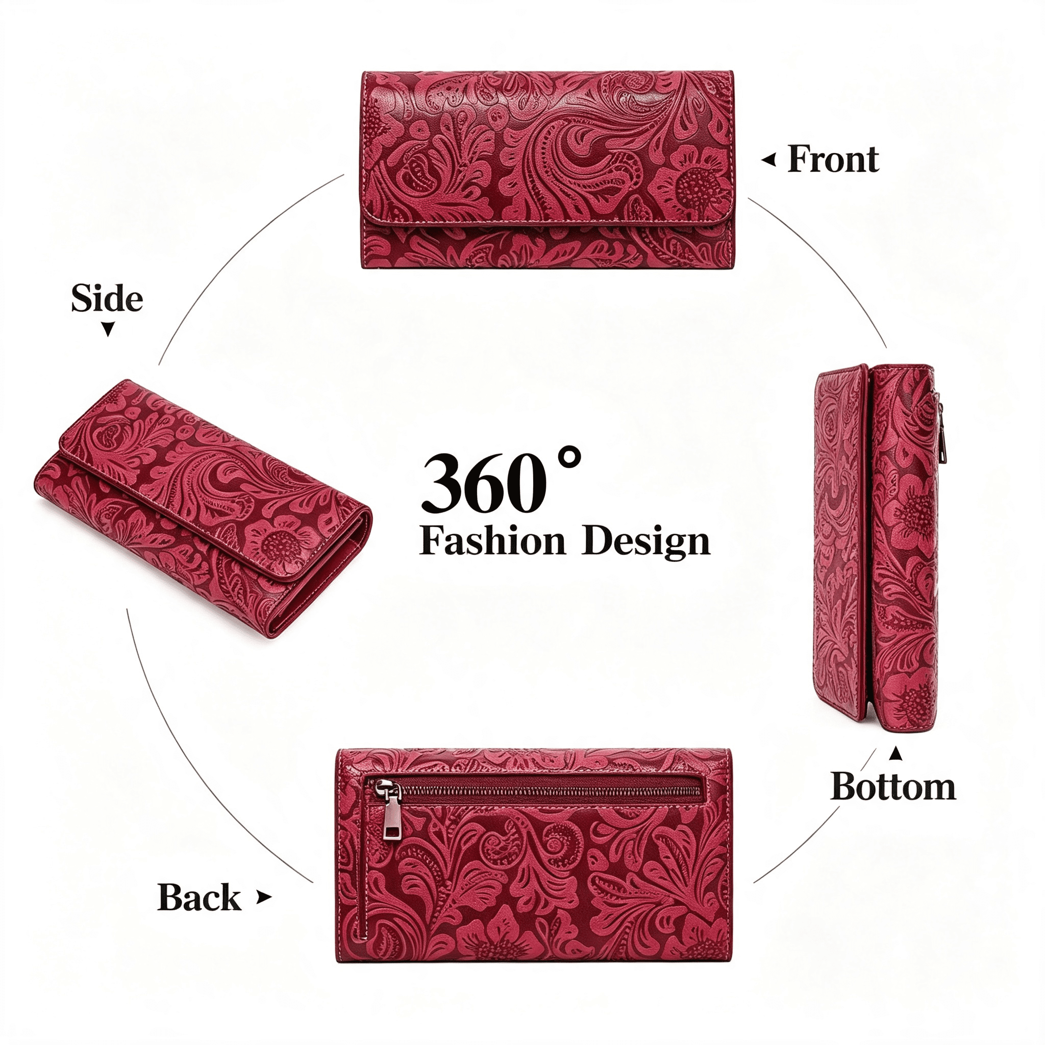 GASTROPOD Leather Wallets for Women Rfid Blocking Western Clutch Red | Embossed Design,Trifold,Large Billfolds,Vintage Flower,Ladies Purses with Zipper Coin Pocket
