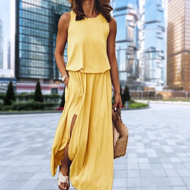 Vestido Sin Mangas Vestido sin mangas de verano Elegante vestido largo maxi Ropa femenina (Amarillo L) Cgtredaw para Mujer Amarillo T M