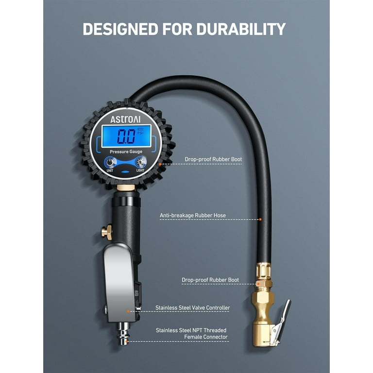 AstroAI Digital Tire Inflator with Pressure Gauge, 250 PSI Air Chuck and Compressor Accessories Heavy Duty with Rubber Hose and Quick Connect Coupler for 0.1 Display Resolution AstroAI Digital Tire Inflator with Pressure Gauge, 250 PSI Air Chuck and Compressor Accessories Heavy Duty with Rubber Hose and Quick Connect Coupler for 0.1 Display Resolution