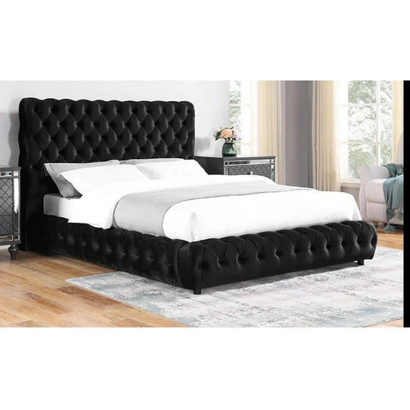 Miekor Furniture 1pc Contemporary Upholstered King Bed Tufted Headboard and Footboard Bedroom Furniture Black 07828