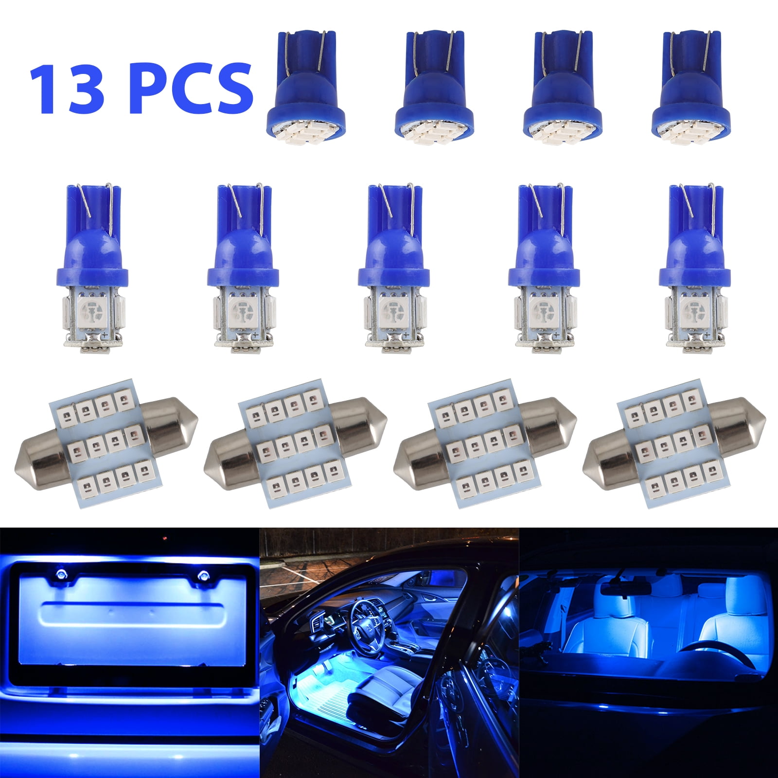 13x Blue LED Package Interior For Dome Map License Lights T10 & 31mm Bulb Lamp
