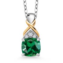 Gem Stone King 925 Silver and 10K Yellow Gold Cushion Green Nano Emerald and White Lab Grown Diamond Pendant Necklace for Women (1.02 Cttw, with 18 inch Chain)