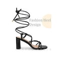 thumbnail image 3 of BLISSFUL STEP Square Toe Strappy Lace Up Slingback Block Heel Sandals for Women Black 6, 3 of 5