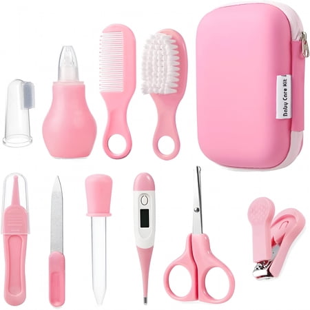 XIRQI Baby Healthcare and Grooming Kit Baby Safety Set Baby Comb Brush Finger Toothbrush Nail Clippers Scissors Nasal Aspirator Baby Essentials Nursery Care Kit (Pink)