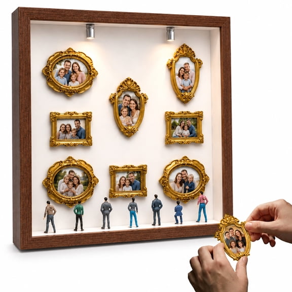 DIY Mini Museum Picture Frames Setwith 2 LED String Lights,Silhouette Shadow Box with 8 Vintage Mini Frames & 8 Mini Figurines, Memory Display Case for Wedding Anniversary Family Milestone Gift