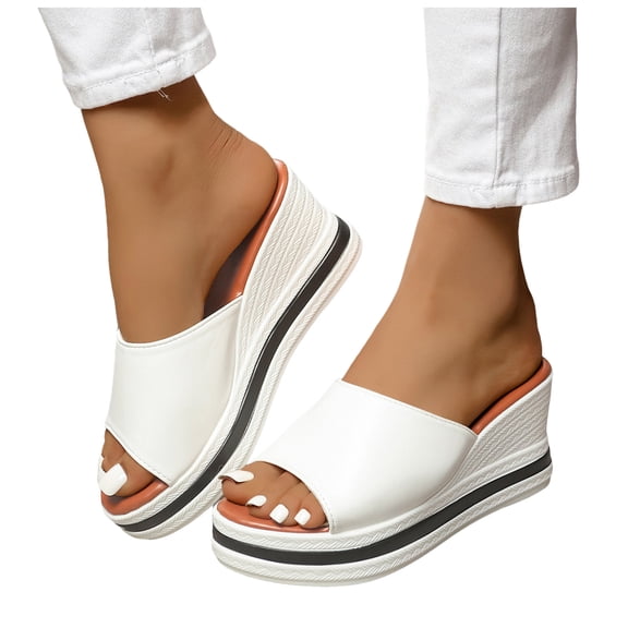 Platform Slides for Women Slip on Wedge Sandals Fashion Color Block Peep Toe Casual Summer Outdoor Slippers White Size 7