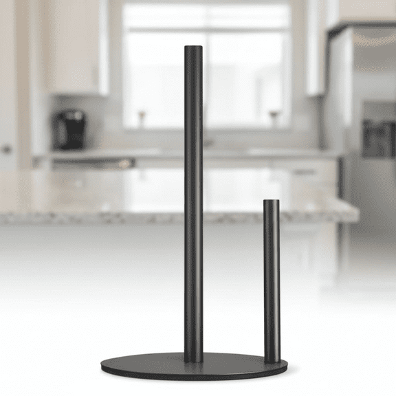 Stainless Steel Black Paper Towel Holder with Weighted Anti-Slip Base, Waterproof Freestanding Countertop Dispenser for Kitchen, Tabletop, and Bathroom Use
