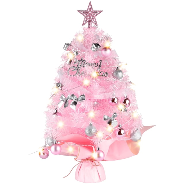 Árbol de Navidad Migaven de 60 cm con luces y adornos de PVC rosa