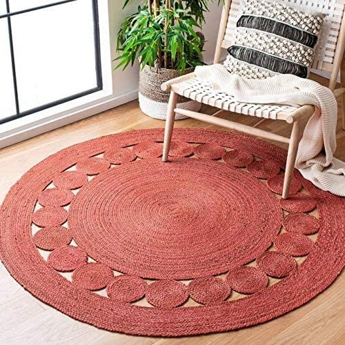 Ripaz Vogue Jute Rug Round Hand Woven Red Circle Design Area Rug (2x2 Ft)