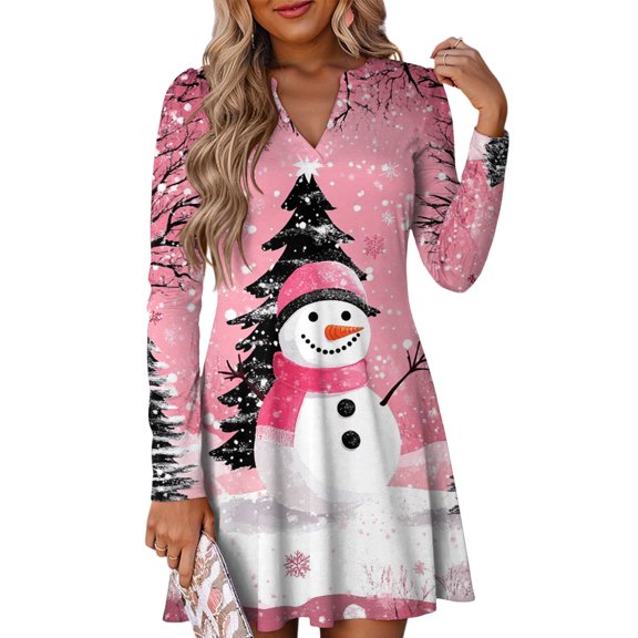 WTOBBY Women's Christmas Print Dress V-Neck Loose Fit Long Sleeve Casual Holiday Party Dress with Festive Seasonal Design for Women,Red M