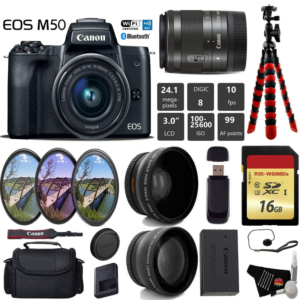 canon eos m50 mirrorless digital camera with 15-45mm lens