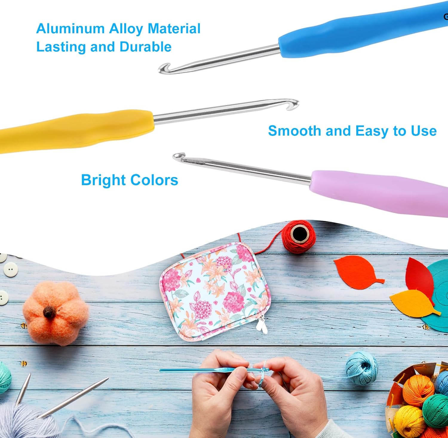 Vodiye No. 14 crochet hook set, sizes 2.0–10.0 mm, colorful metal crochet hooks, ergonomic design, comfortable to use