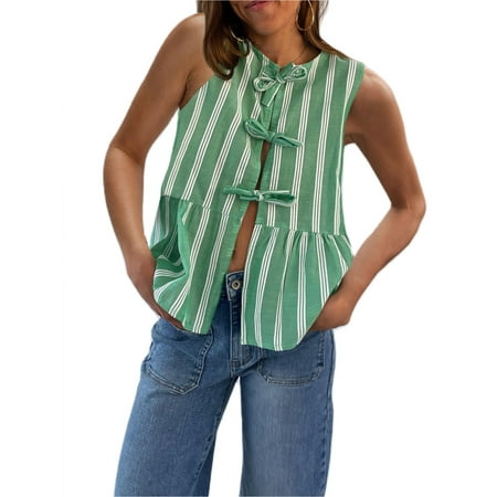 Huonawei Bow Summer Shirt for Women Striped Sleeveless Crewneck Babydoll Blouse Casual Loose Open-Front Cardigan Shirt