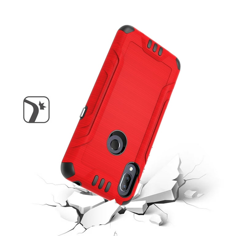 Wireless Accessories Phone Case for Cricket Lumos (6 inch)/ Alcatel Axel Screen Protector/ Brush Shock Absorbing Dual-Layered Cover (Combat Red +Tempered Glass)
