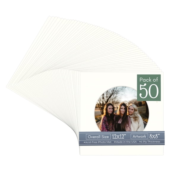 Antique White Picture Frame Mat for 12x12 Frames - Circle Opening for 8x8 Photos - 50 Mats