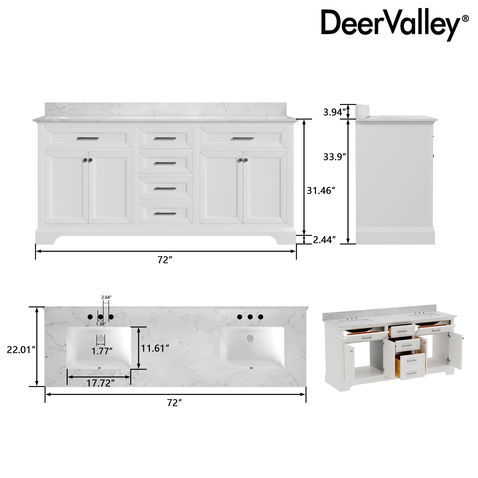 72" Bathroom Vanity Double Sink Top with Backsplash, Pre-assembled Cabinet Sink Combo White
