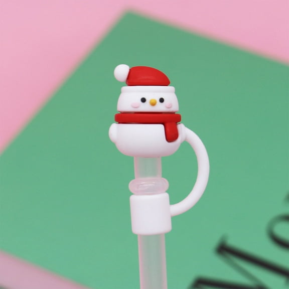 Christmas Snowman Silica Gel Straw Cover | 0.4In Diameter Splash Proof Reusable Straw Topper | Food Grade Silicone Straw Cap for Water Bottles & Outdoor Activities