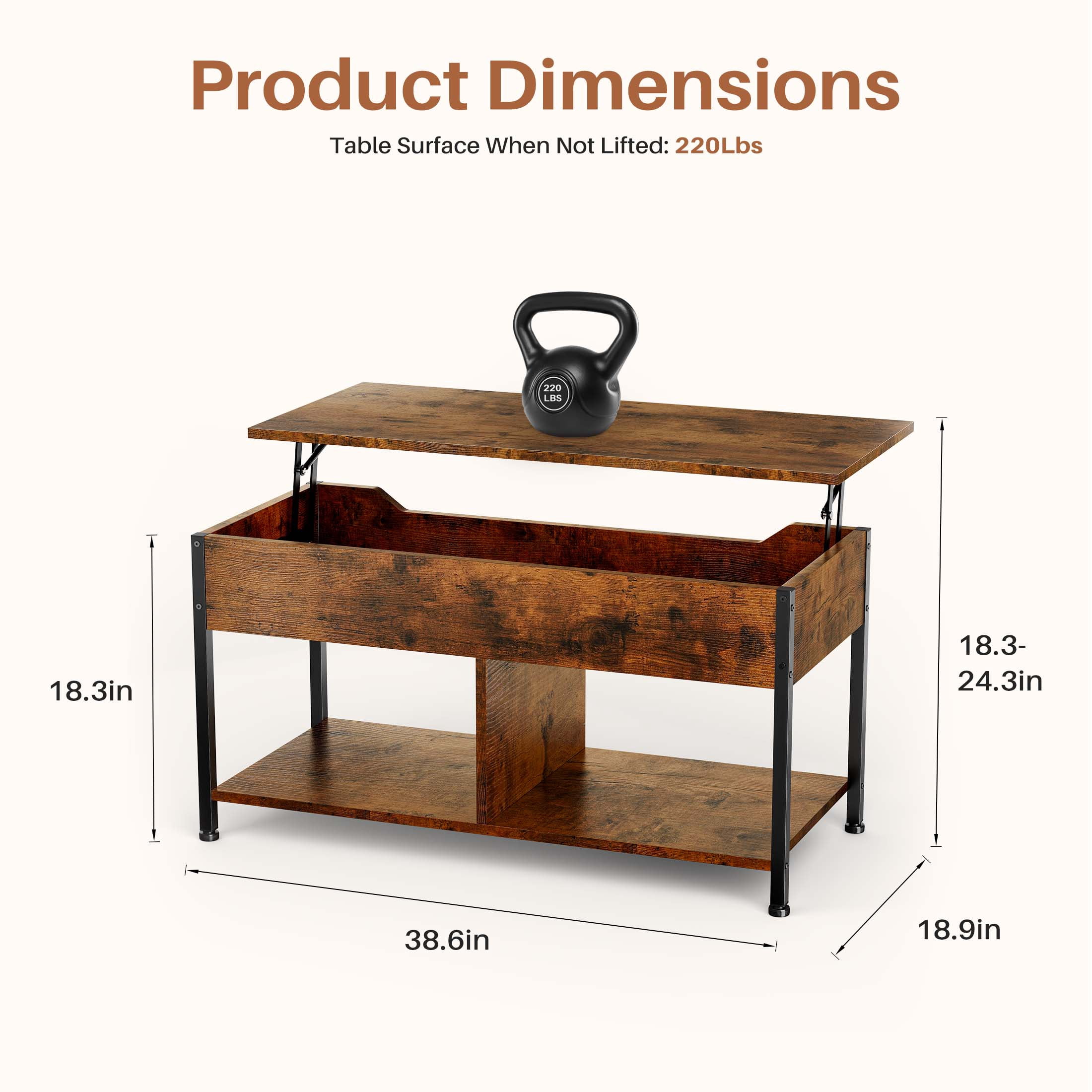 EDX Lift-Top Coffee Table, Adjustable Height Convertible Center Table with Storage, for Living Room, Rustic Brown