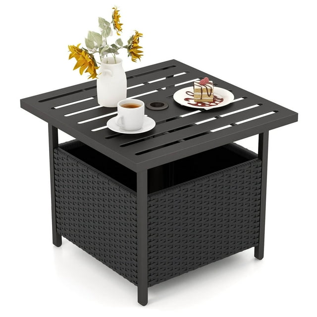 Costway Table d'Appoint en Rotin Osier Acier Mobilier d'Extérieur Terrasse Jardin Patio Piscine Noir