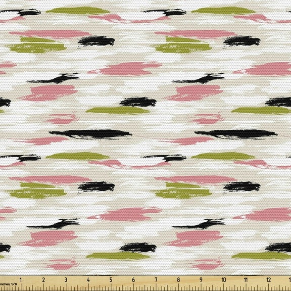Ambesonne Art Fabric by the Yard Upholstery, Thick Brushstrokes Stripes, 2 Yards, Coral Black Olive Green