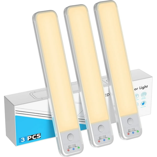 Lot de 3 Lumières à Capteur de Mouvement LED, Lumières Sans Fil sous Armoire avec 3 Modes, Rechargeable USB pour Maison, Garde-Robe, Placard, Armoire (Chaud)