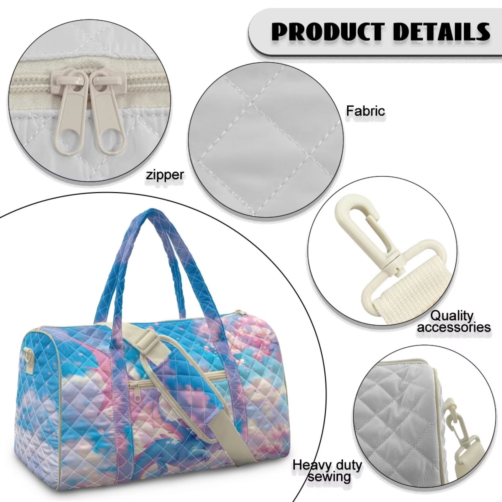 Garronmavis Cute Cherry Blossom Dragon Print Large Quilted Duffle Bag for Women, Weekender Travel Bag Carry On Bag for Gym, Dance, Overnight Trips