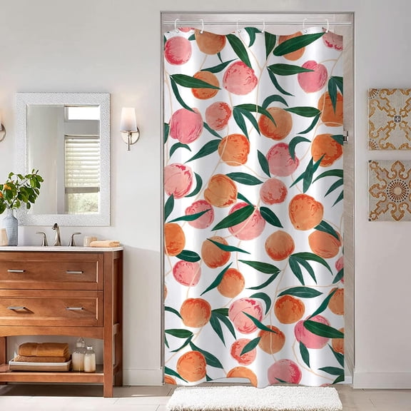 Peach Shower Curtain, Allover Fruits Cute Bright Colorful Design Waterproof Fabric Bathroom Curtains Set with 12 Hooks, Peachy Pink 36×72 inch