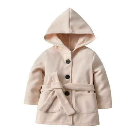 

ZMHEGW Toddler Jackets Girls Winter Long Sleeve Warm Woollen Hooded Belt Solid Color For Babys Clothes Kids Coats