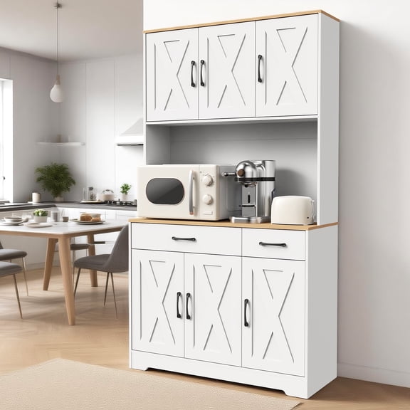 67" Tall Kitchen Pantry Cabinet with Charging Station, Farmhouse Hutch with Microwave Stand & Drawers for Dining Room & Living Room Storage,White