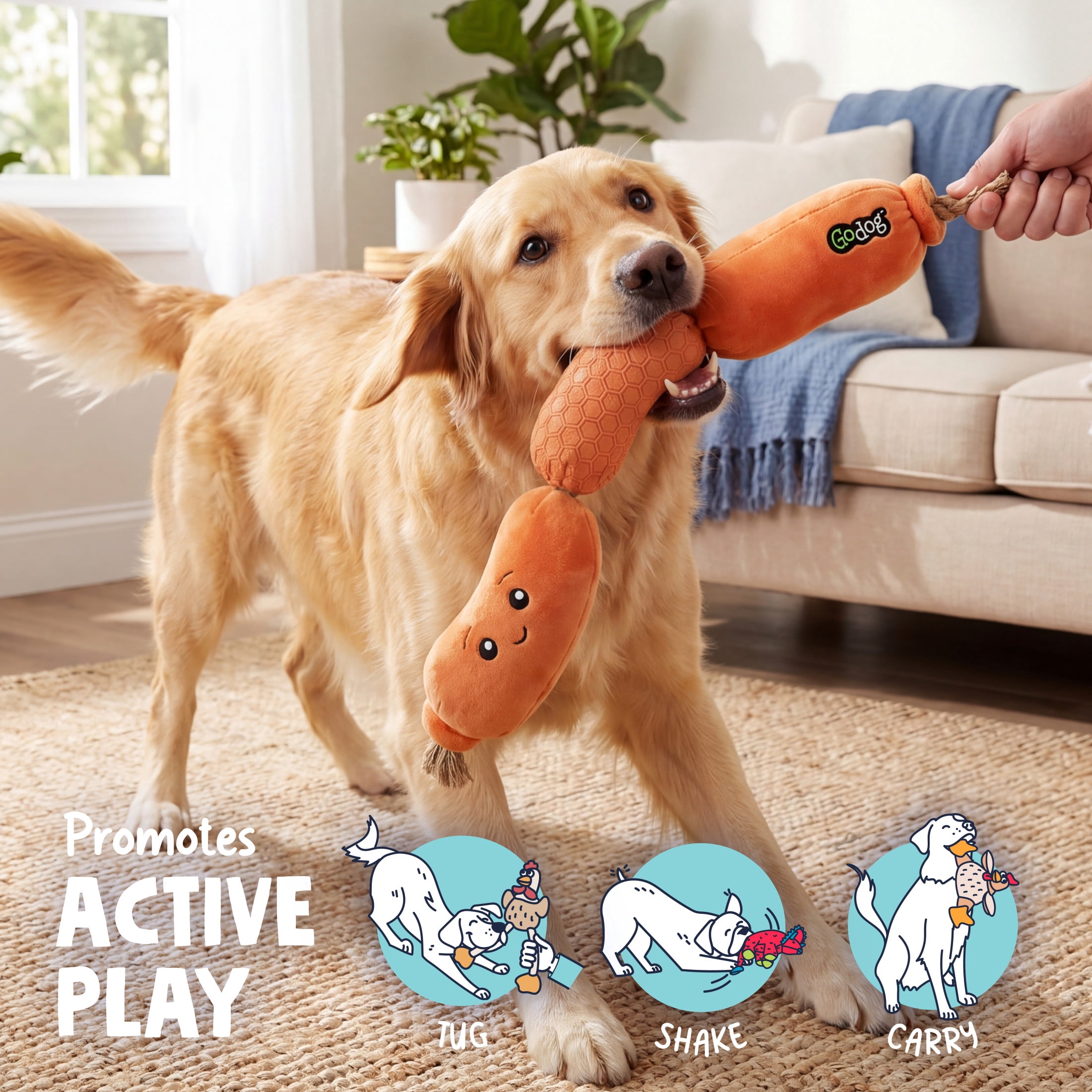 goDog Tough N Texture Hot Links Squeaky Dog Toy, Plush & Rope with Chew Guard Technology, Large