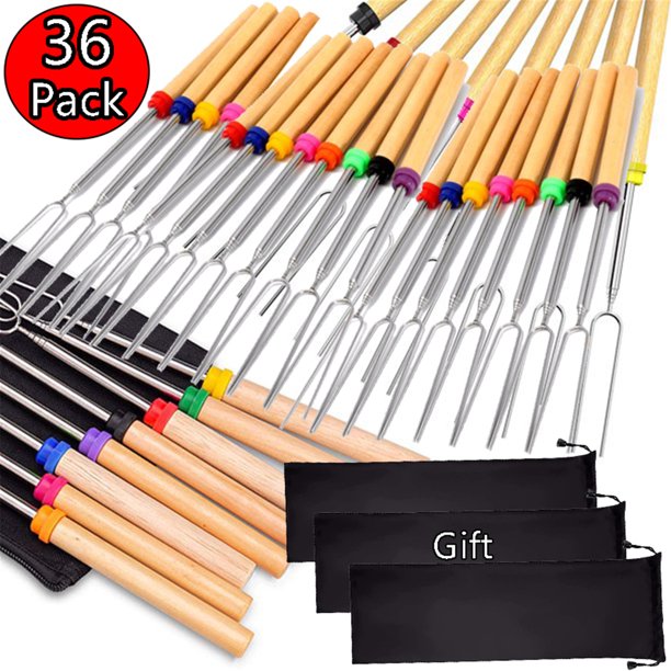 Elbourn Marshmallow Roasting Sticks 36 Pack, 32 Inch Extendable Barbecue Forks, Campfire Smores