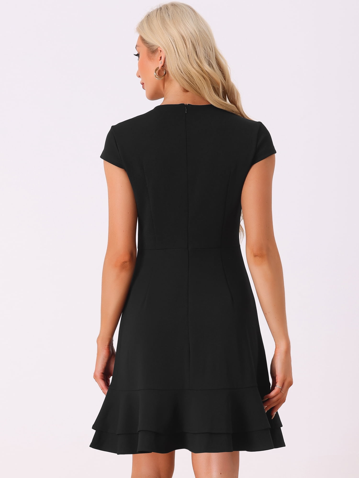 DARING DIVA Cap Sleeves Round Neck Tiered Ruffled Hem Dress L Black